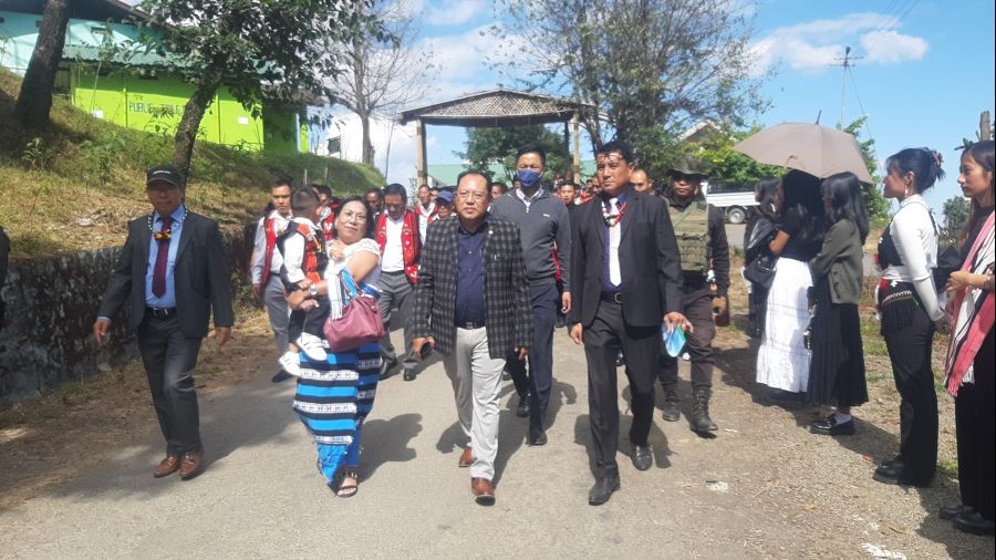 Minister for Water Resources and Relief and Disaster Management, Awangbow Newmai on arrival at Kisama for Chaga Gadi on October 30. (Morung Photo)